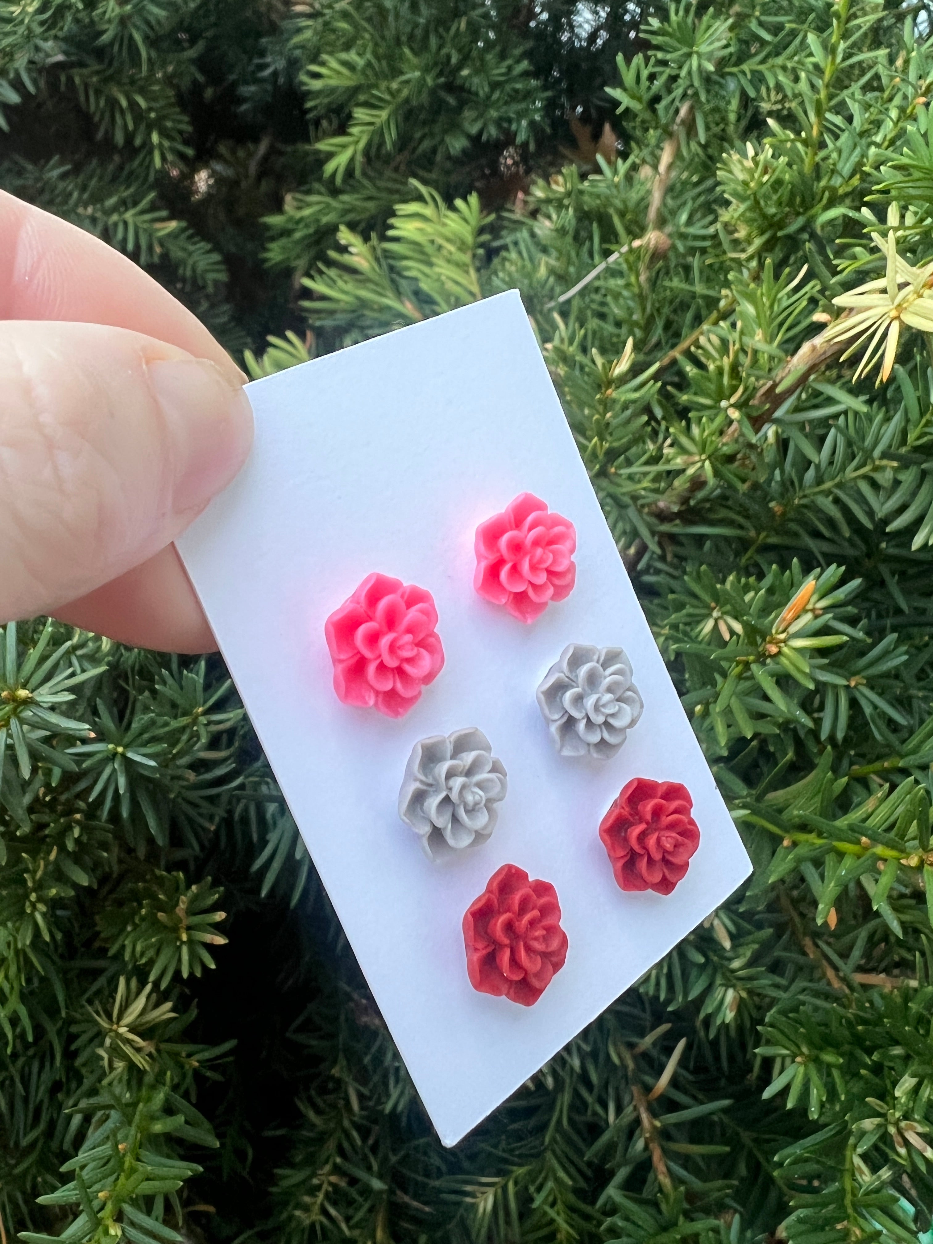 Pink Red Flower Stud Trio