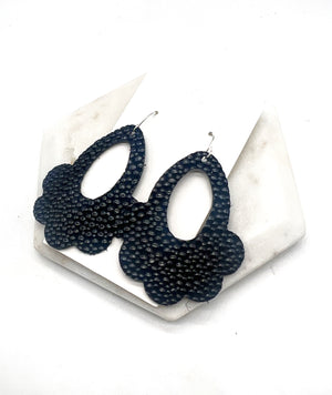 Black Pebbled Flourish Leather Earrings