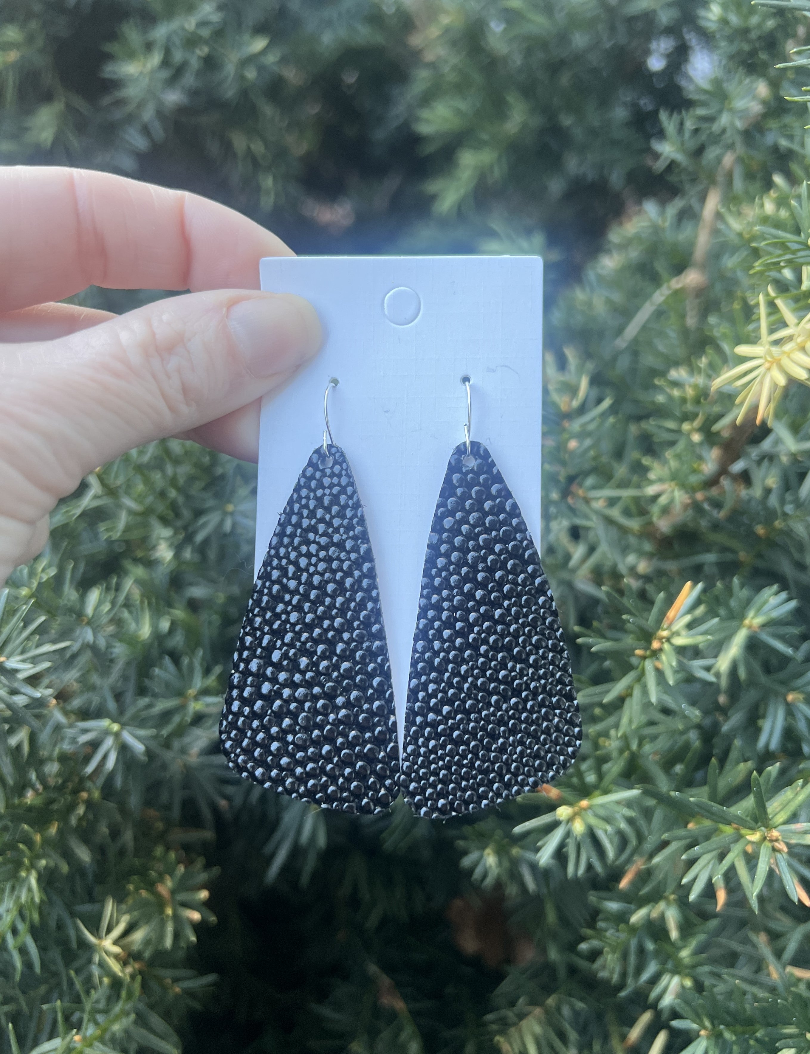 Black Pebbled Leather Accent Earrings