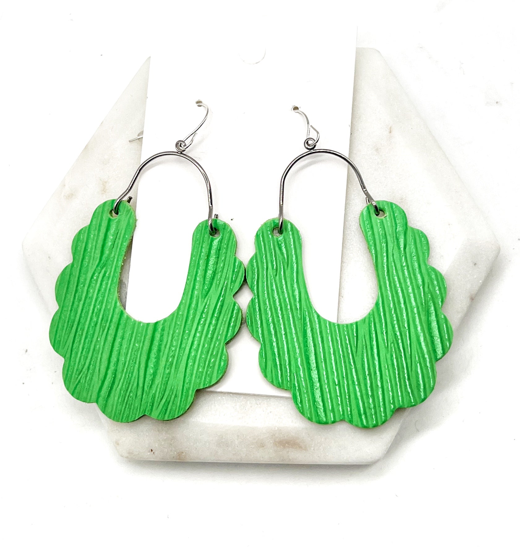 Lime Green Dahlia Leather Earrings