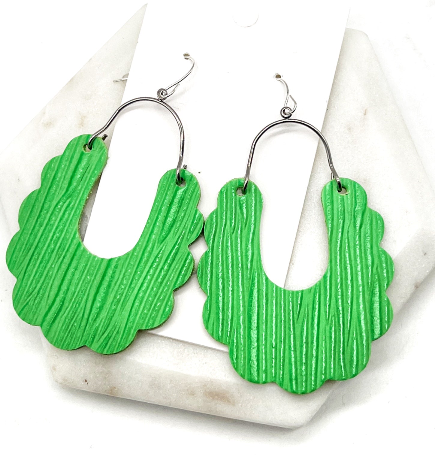 Lime Green Dahlia Leather Earrings