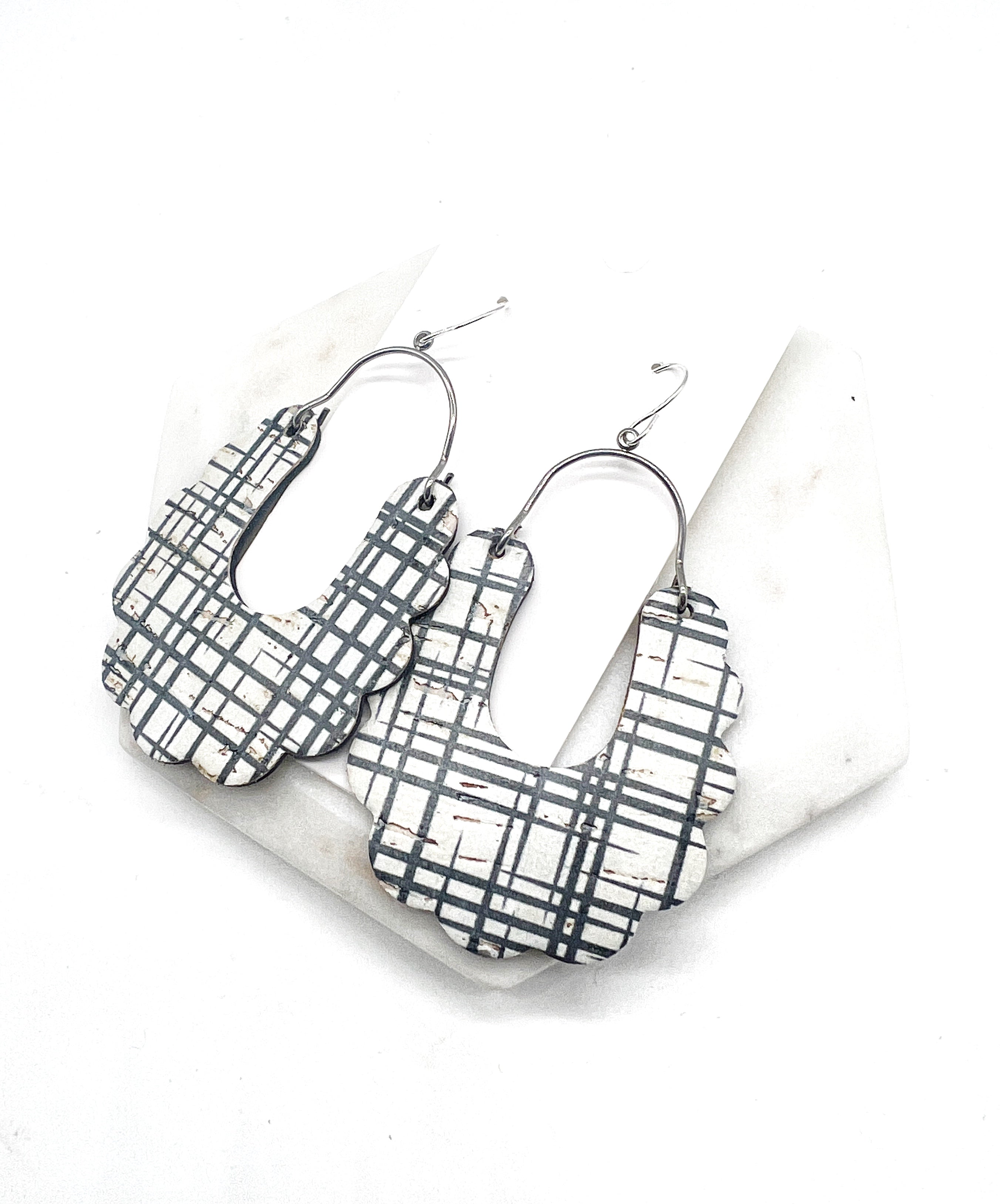 Black White Plaid Dahlia Corkleather Earrings