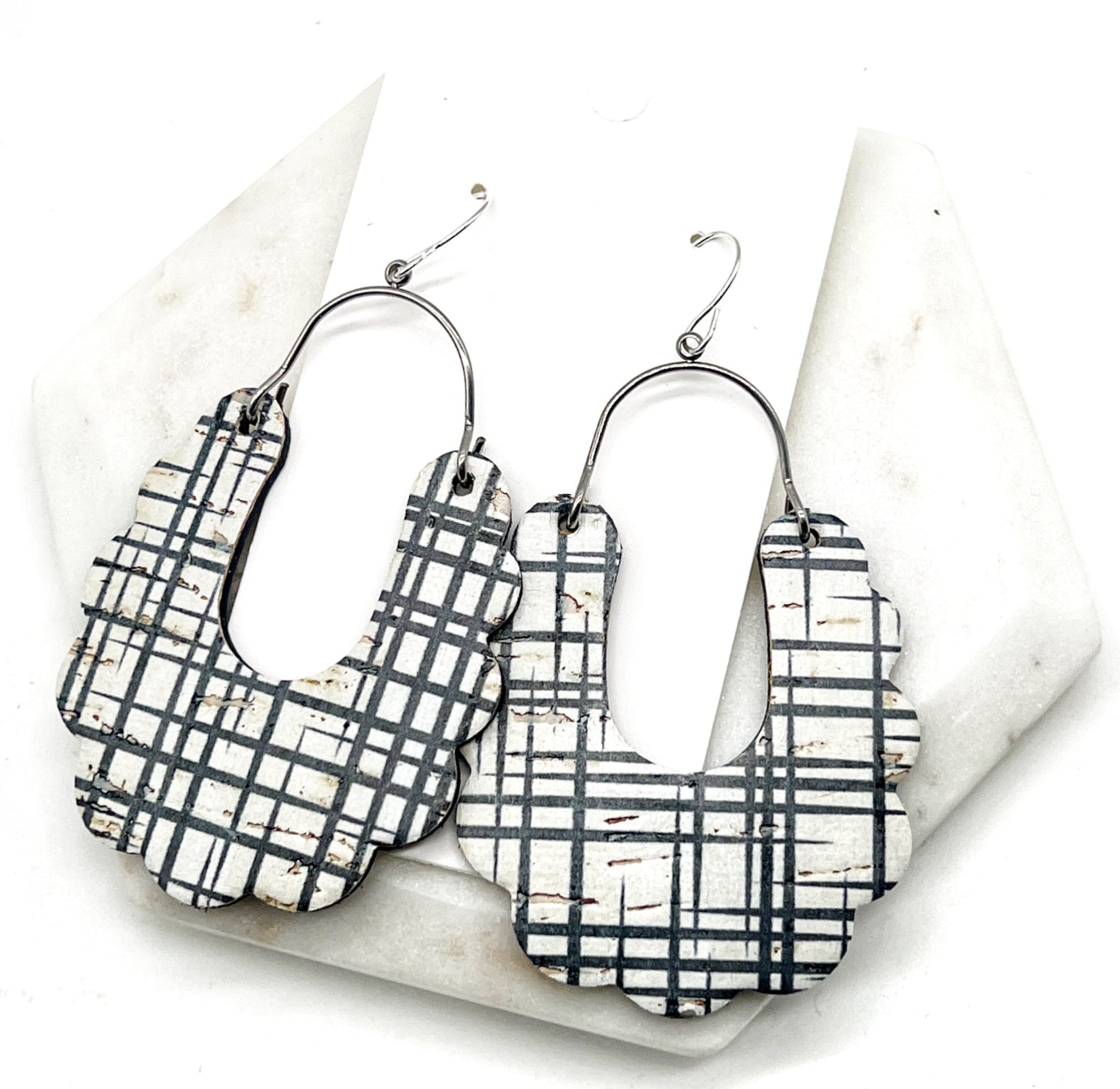 Black White Plaid Dahlia Corkleather Earrings