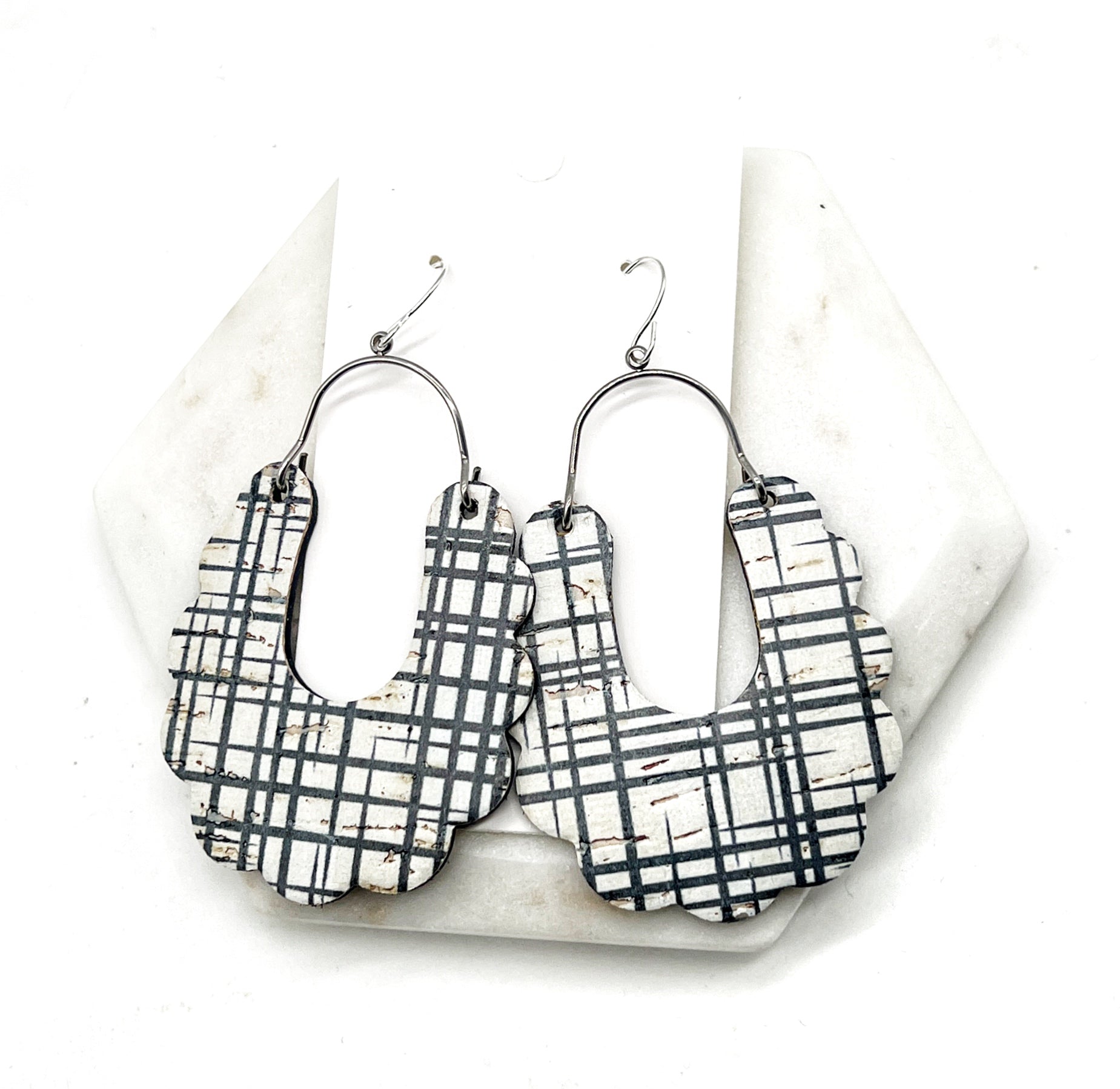 Black White Plaid Dahlia Corkleather Earrings