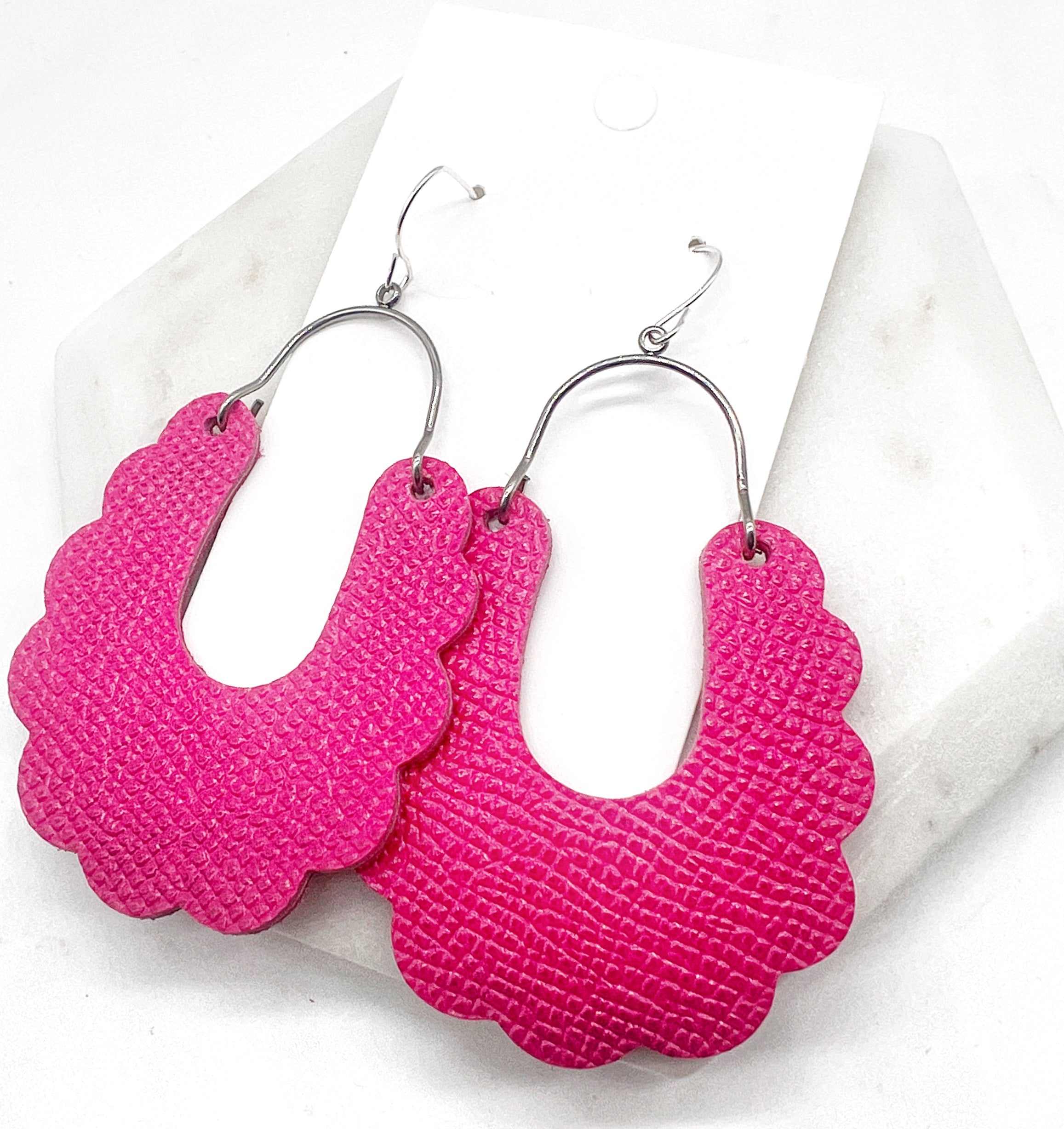 Hot Pink Dahlia Leather Earrings