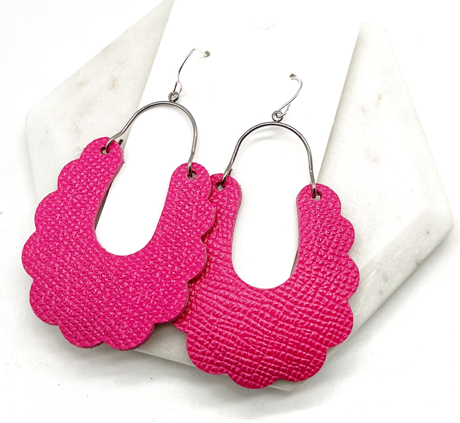 Hot Pink Dahlia Leather Earrings