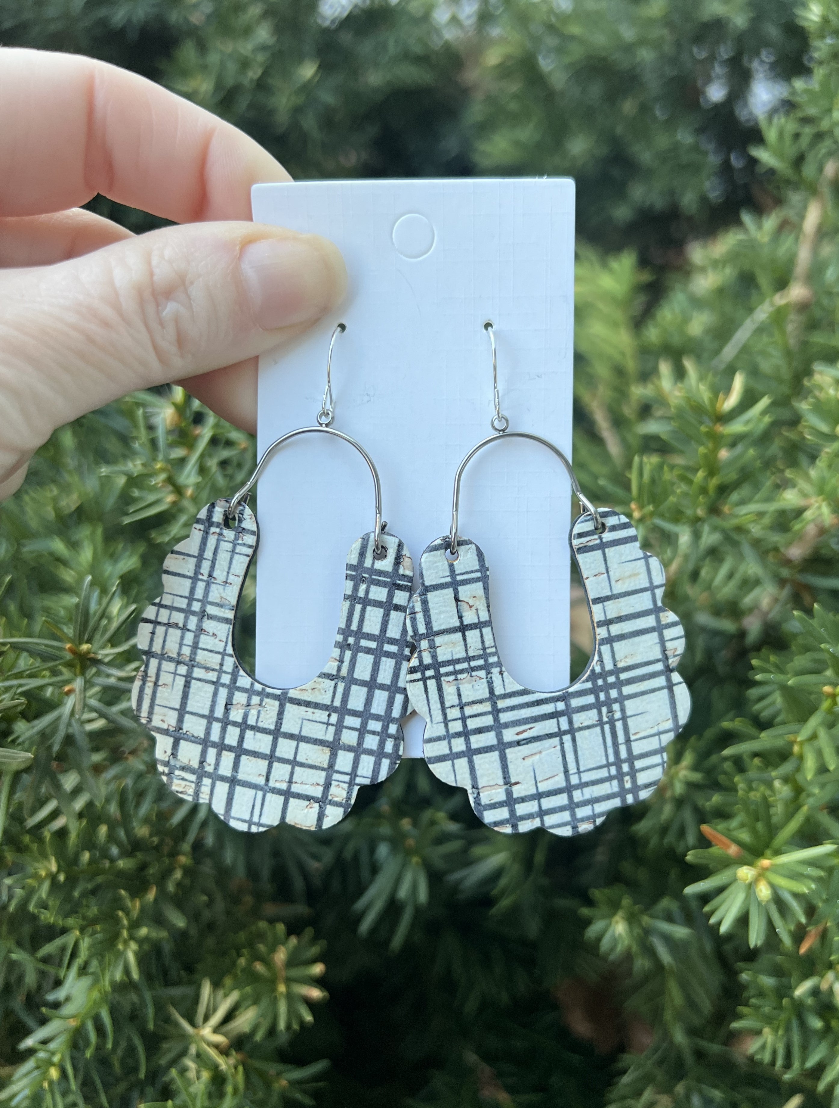 Black White Plaid Dahlia Corkleather Earrings