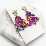 Pink Glitter Acrylic Metal Christmas Tree Earrings