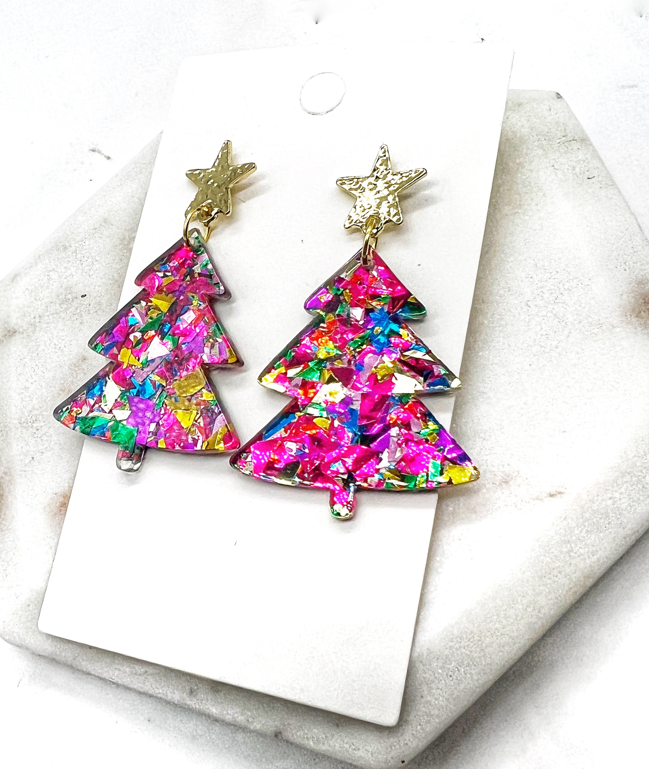 Pink Glitter Acrylic Metal Christmas Tree Earrings