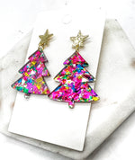 Pink Glitter Acrylic Metal Christmas Tree Earrings