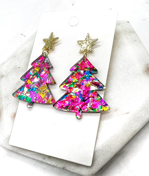 Pink Glitter Acrylic Metal Christmas Tree Earrings