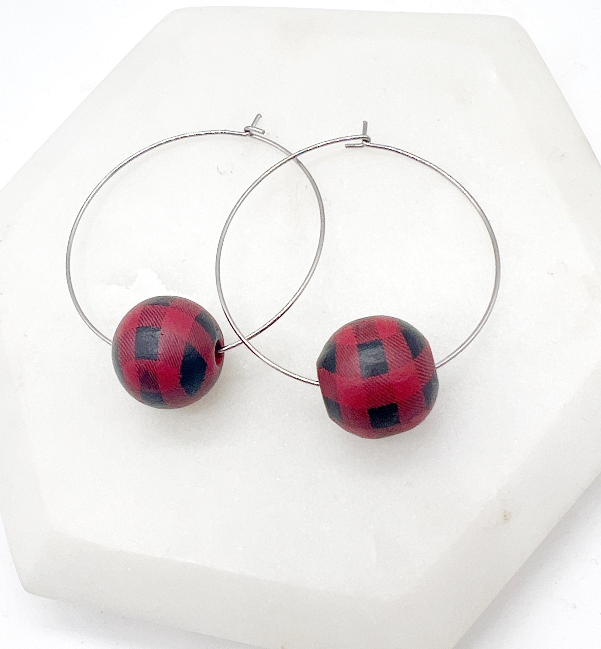 Red Buffalo Plaid Wood Bead Hoop Earrings