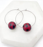 Red Buffalo Plaid Wood Bead Hoop Earrings