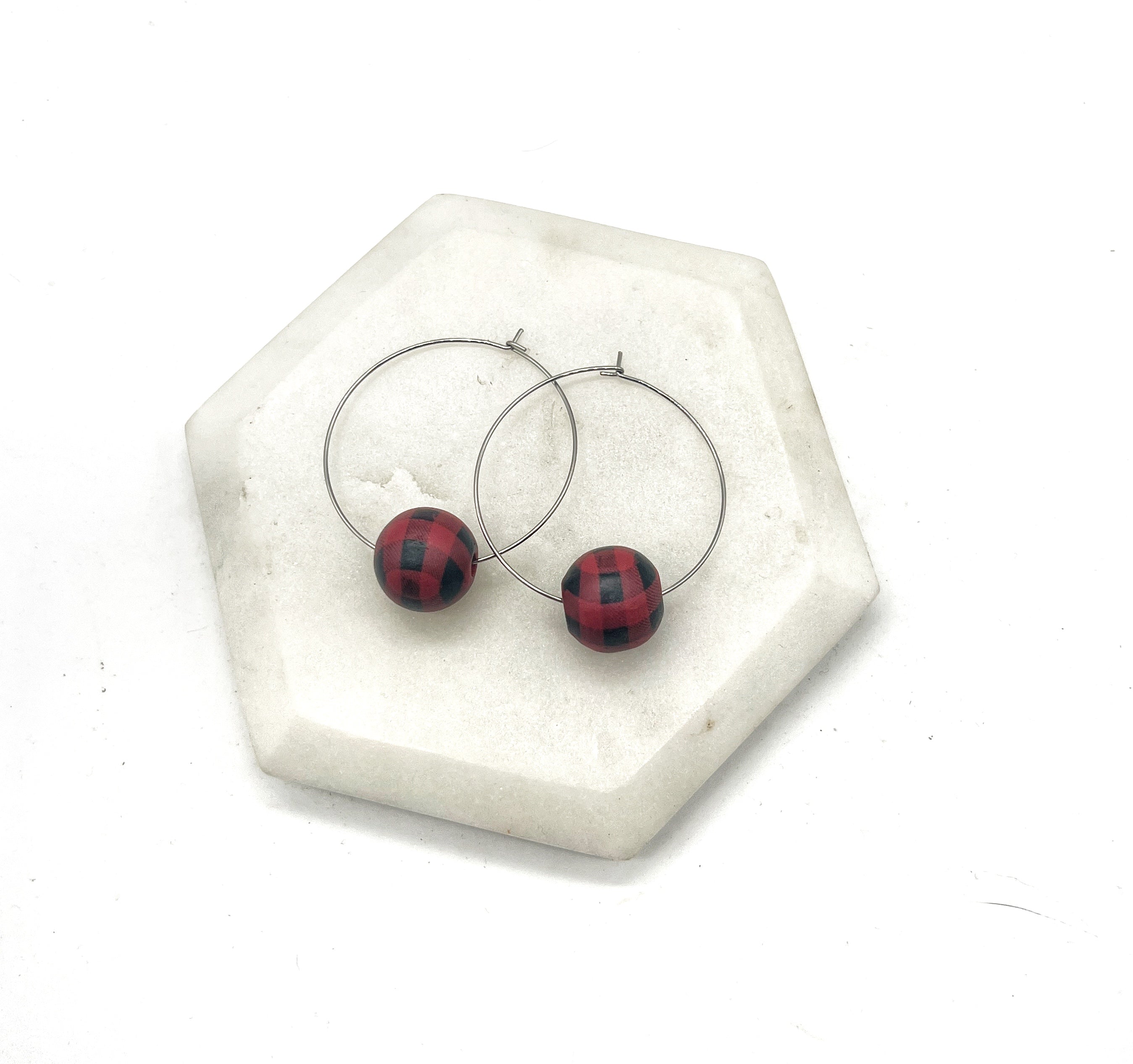 Red Buffalo Plaid Wood Bead Hoop Earrings