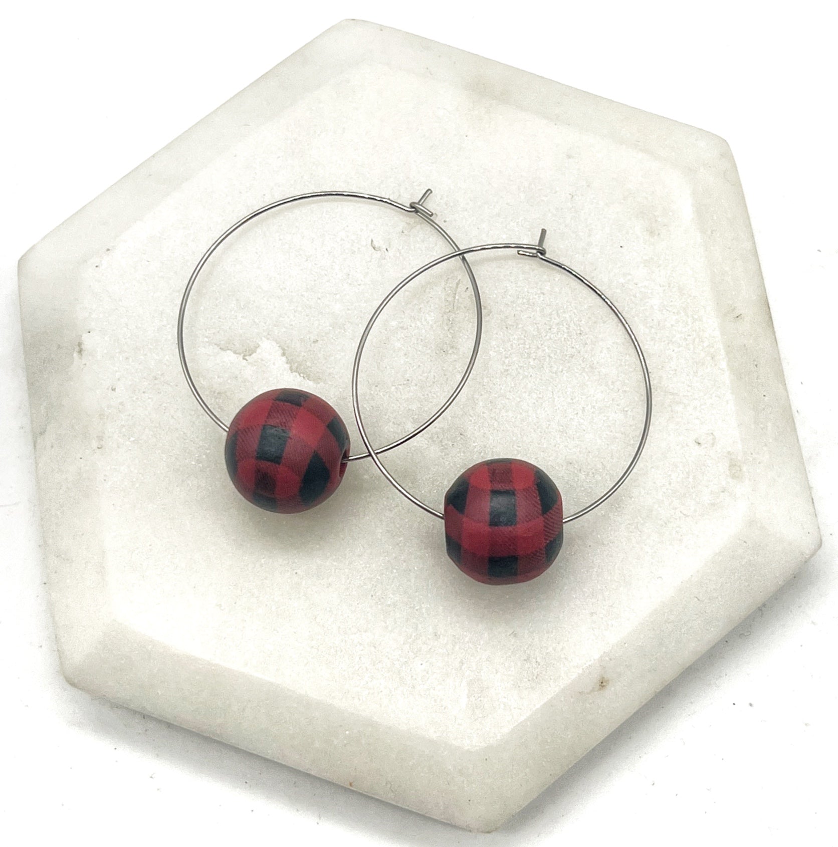 Red Buffalo Plaid Wood Bead Hoop Earrings