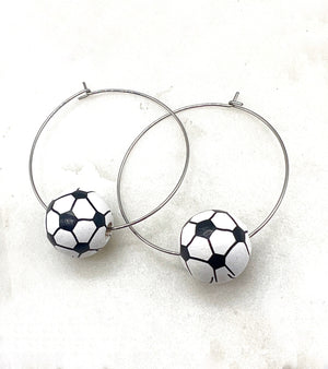 Soccer Ball Wood Bead Hoop Earrings