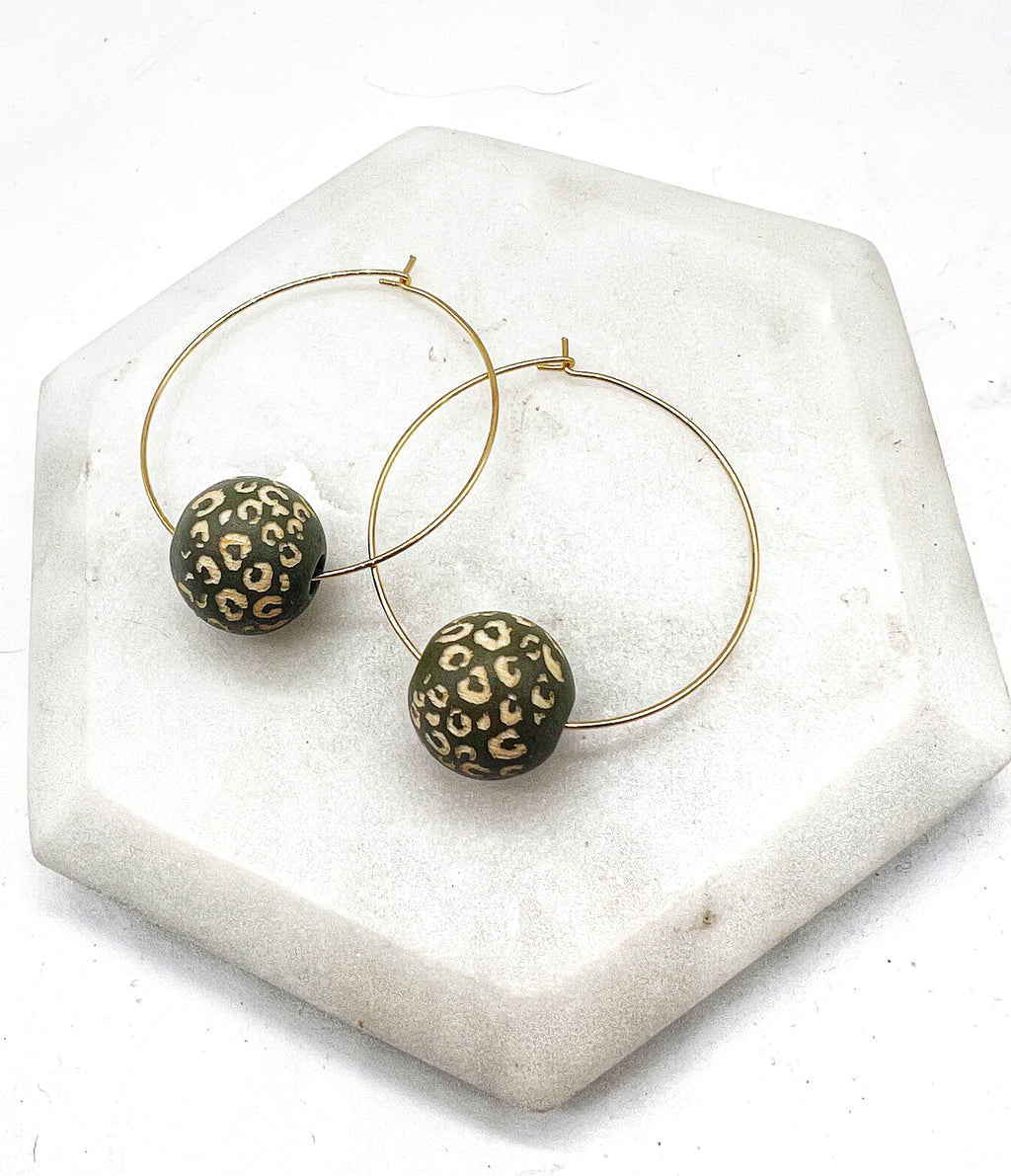 Olive Green Leopard Wood Bead Hoop Earrings