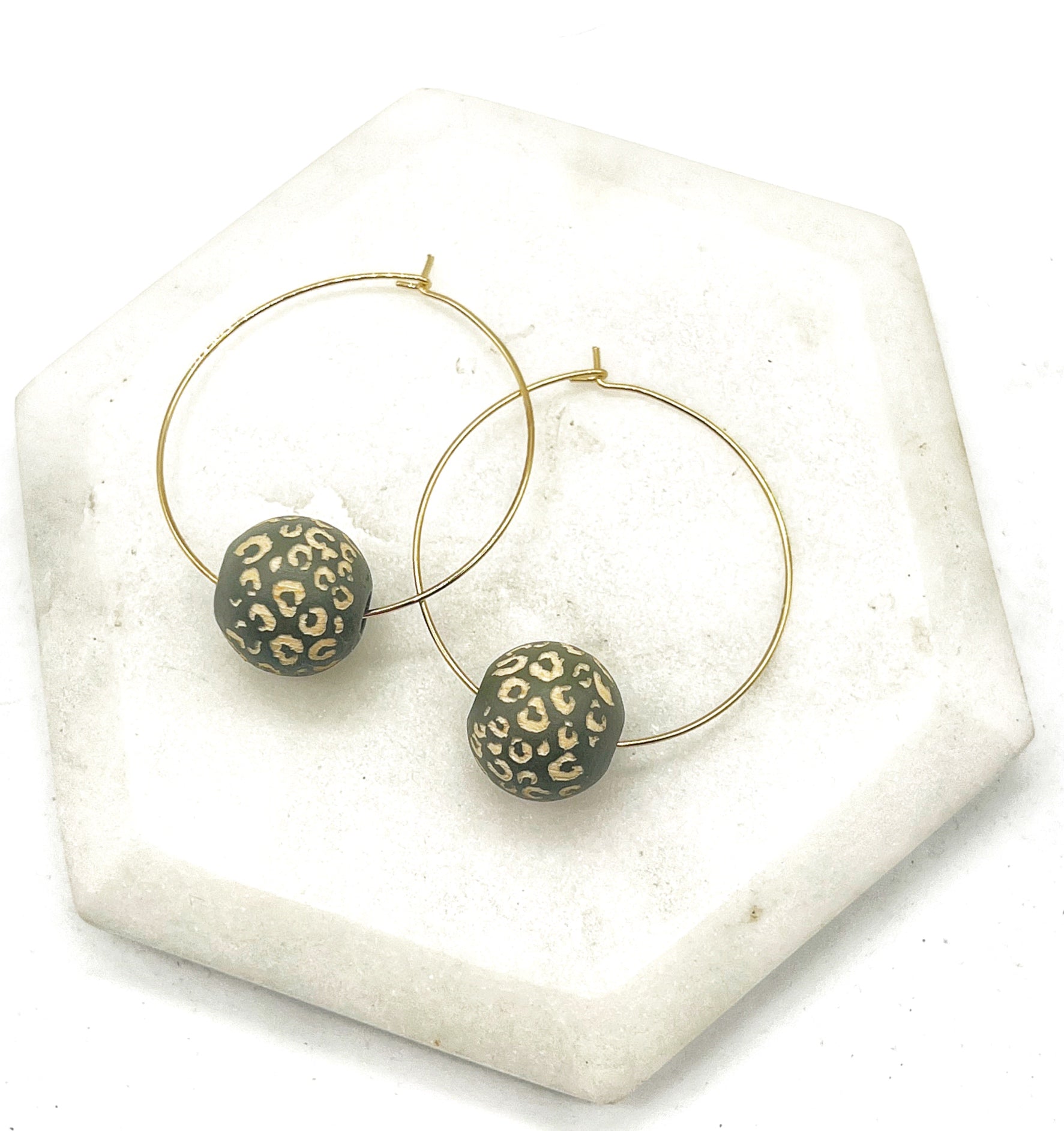 Olive Green Leopard Wood Bead Hoop Earrings