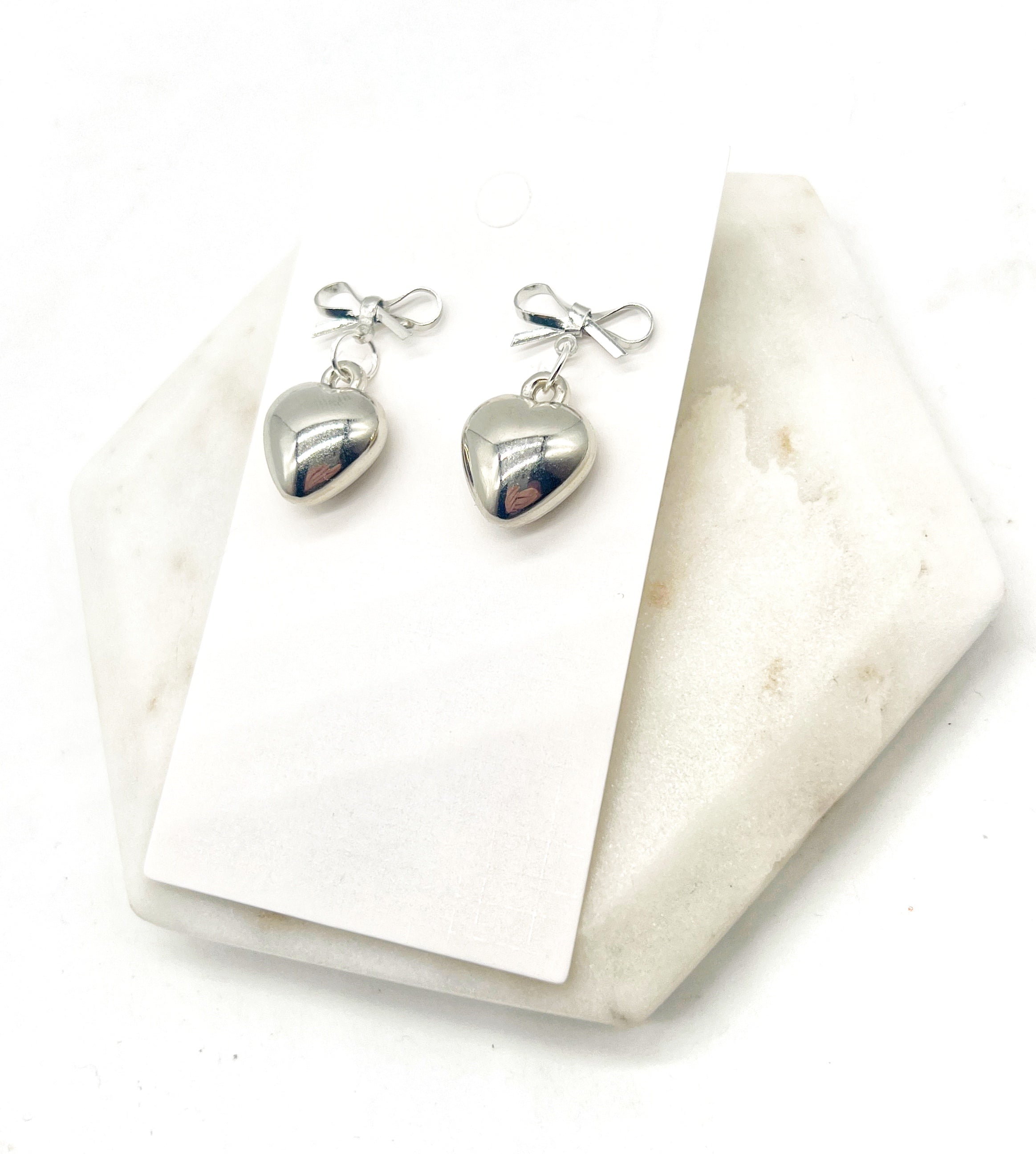 Silver Puffy Heart Bow Metal Earrings