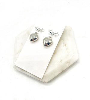 Silver Puffy Heart Bow Metal Earrings