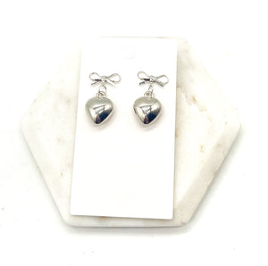 Silver Puffy Heart Bow Metal Earrings