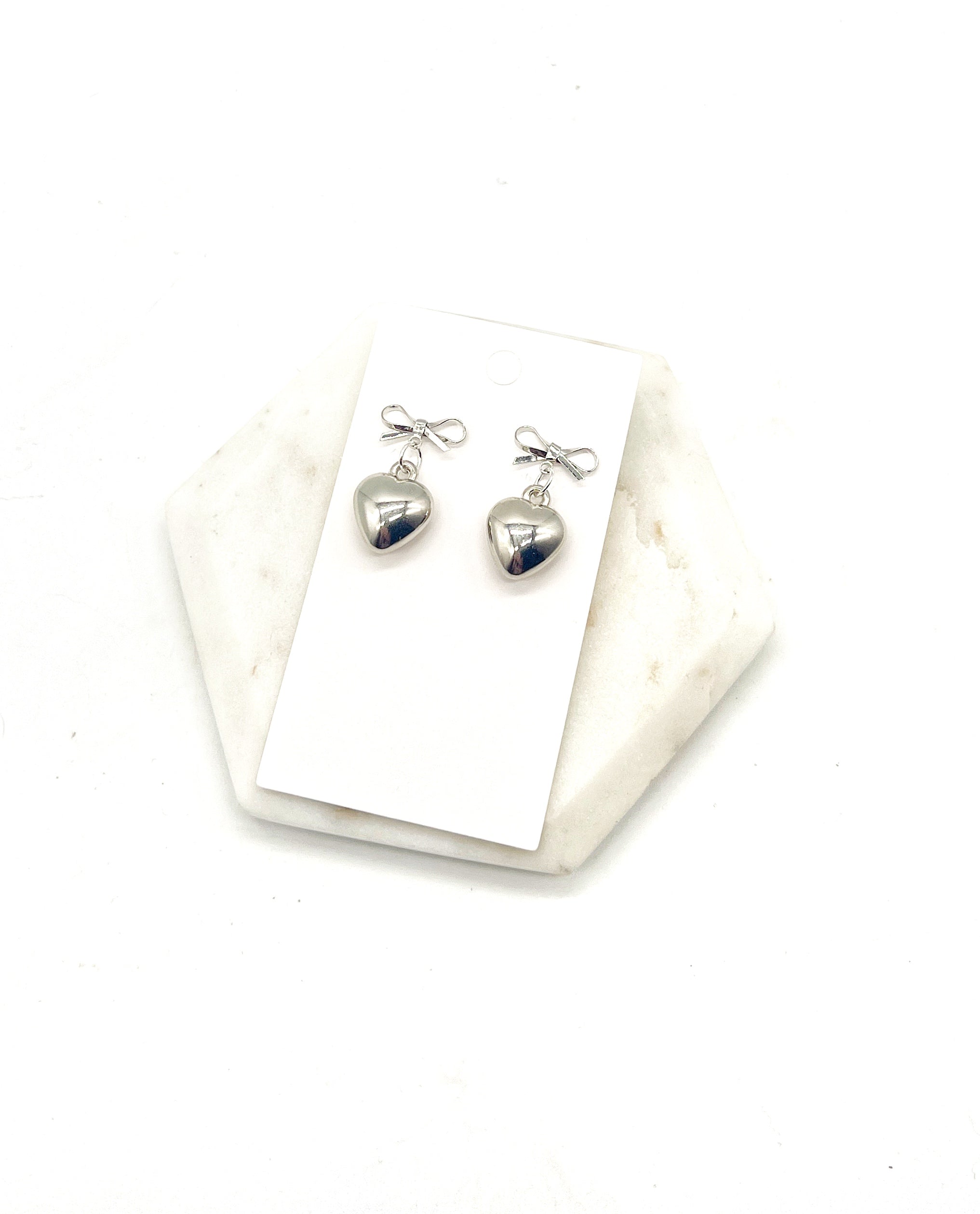 Silver Puffy Heart Bow Metal Earrings