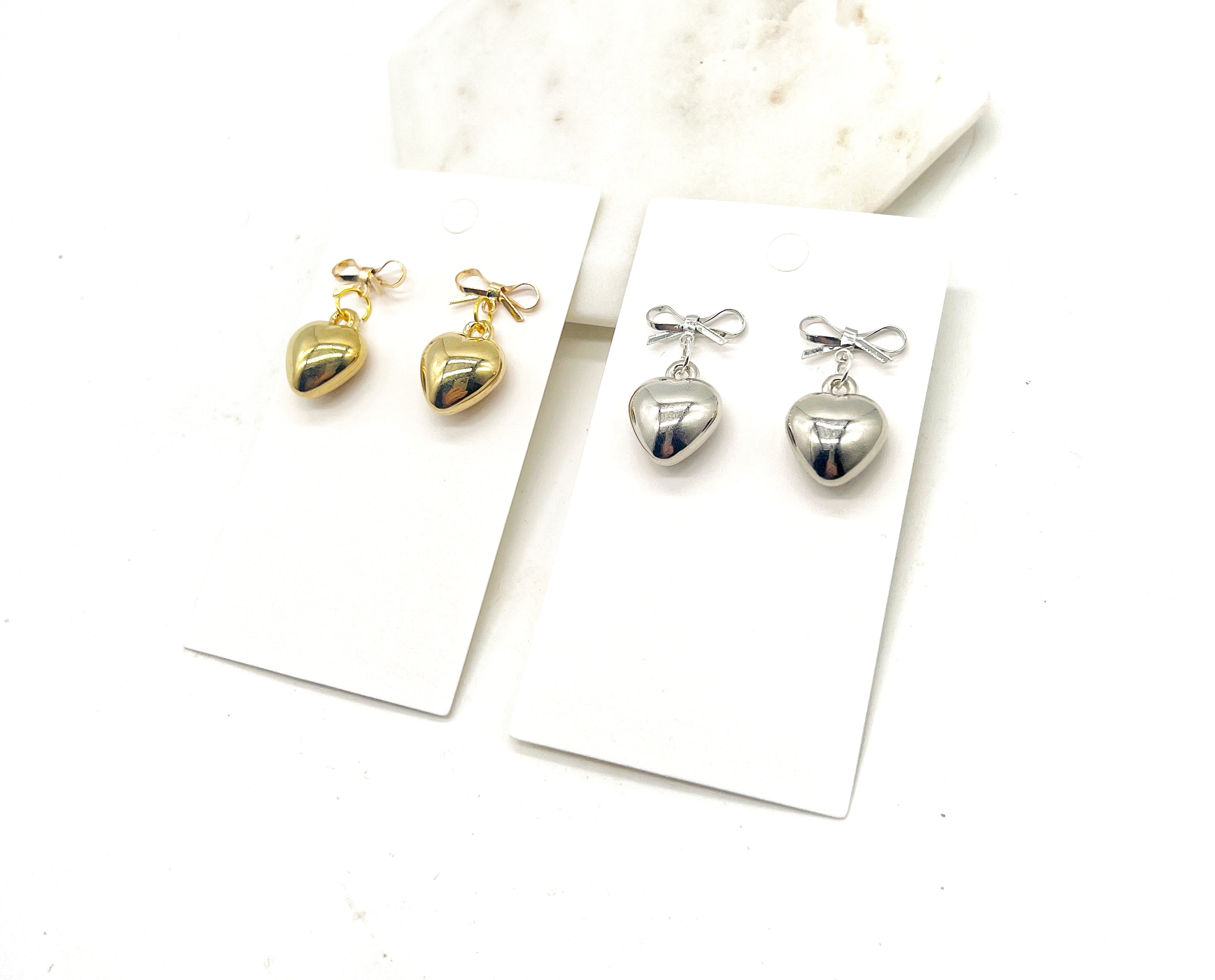 Silver Puffy Heart Bow Metal Earrings