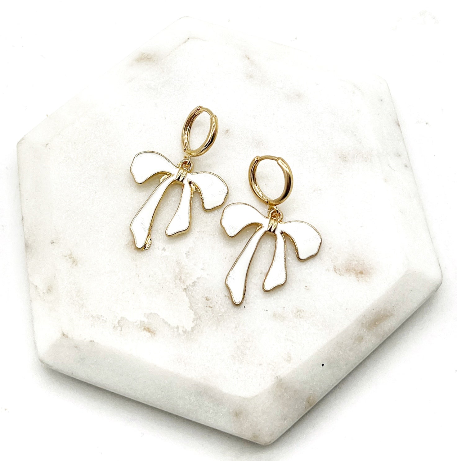 White Bow Huggie Hoop Earrings