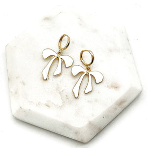 White Bow Huggie Hoop Earrings