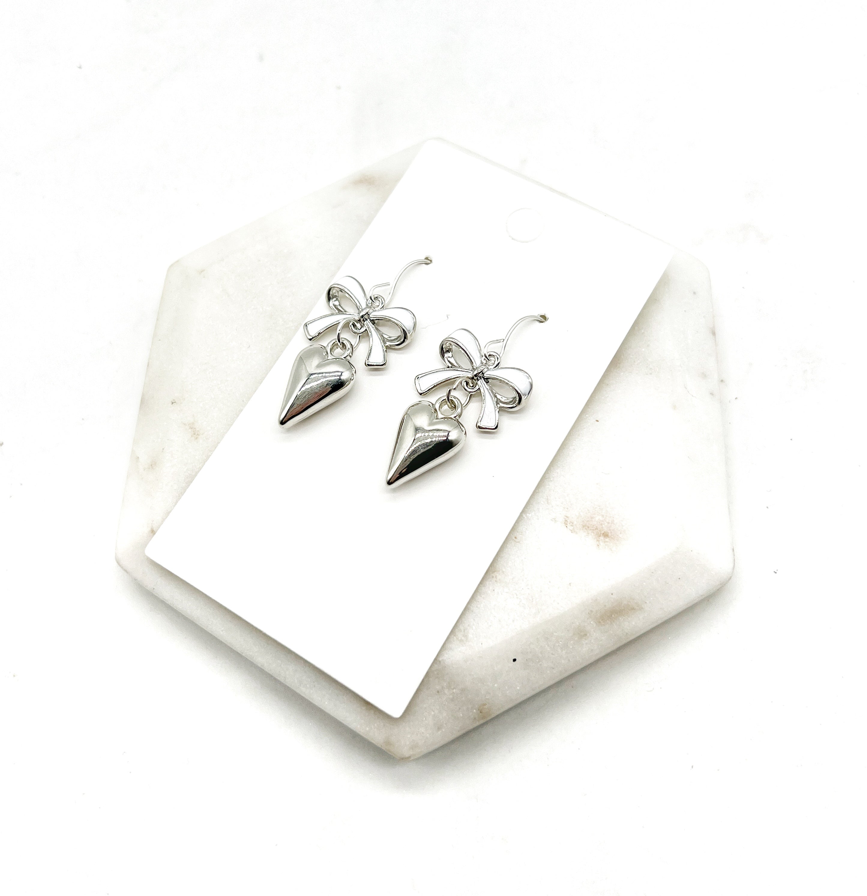 White Silver Bow Heart Earrings