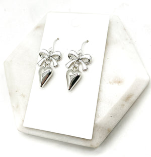 White Silver Bow Heart Earrings