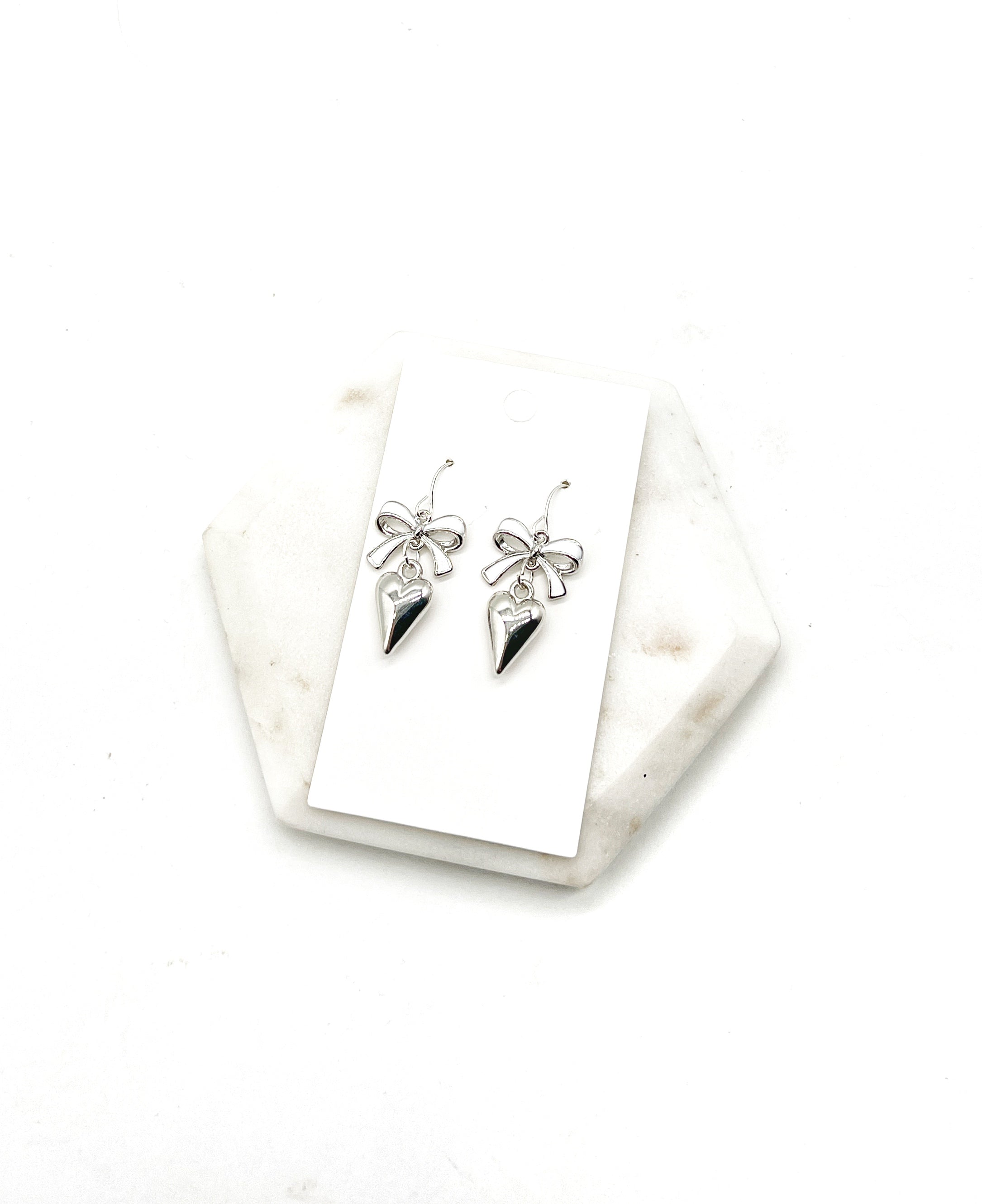 White Silver Bow Heart Earrings