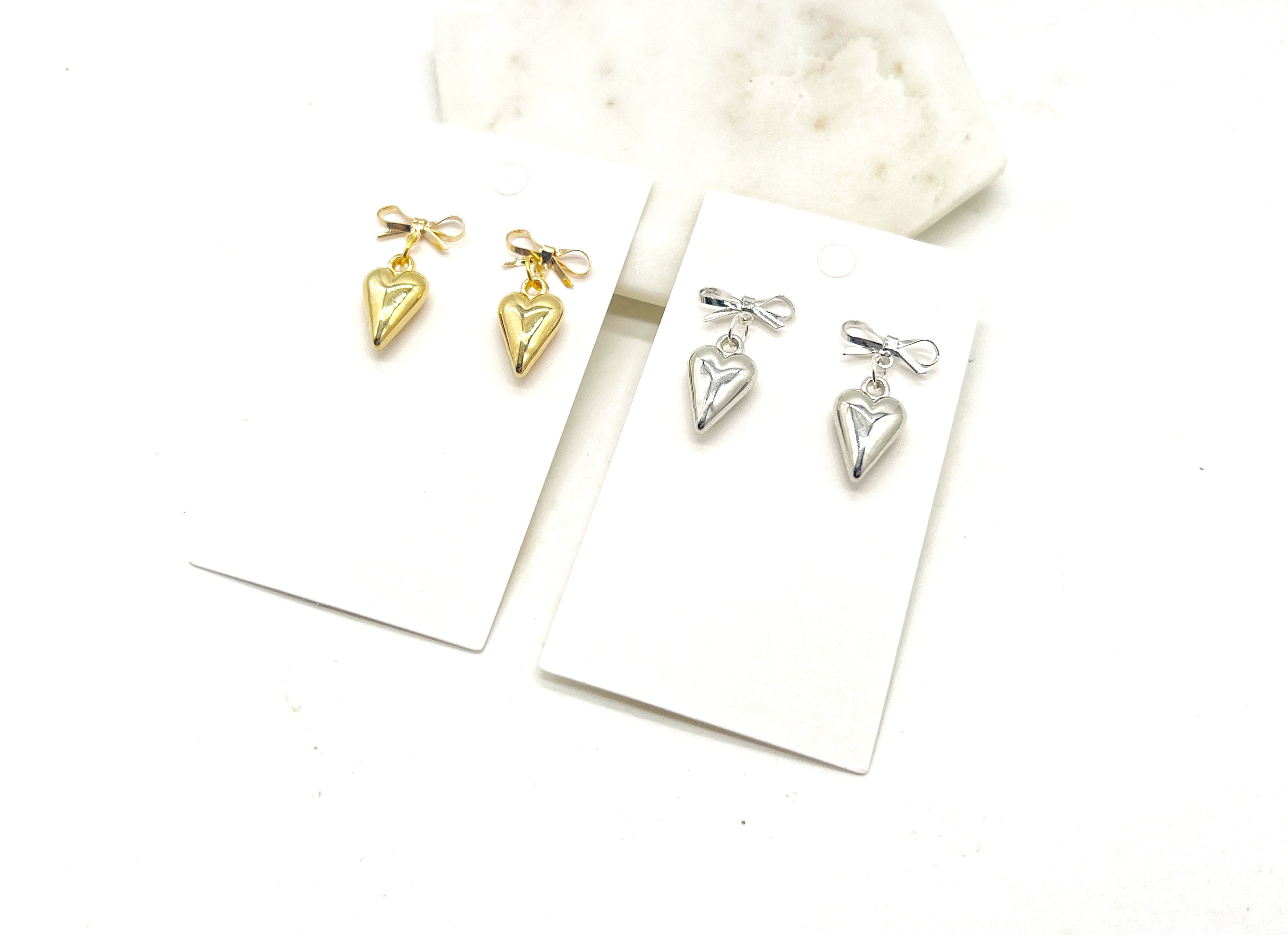 Silver Long Heart Bow Metal Earrings