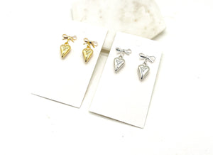 Silver Long Heart Bow Metal Earrings