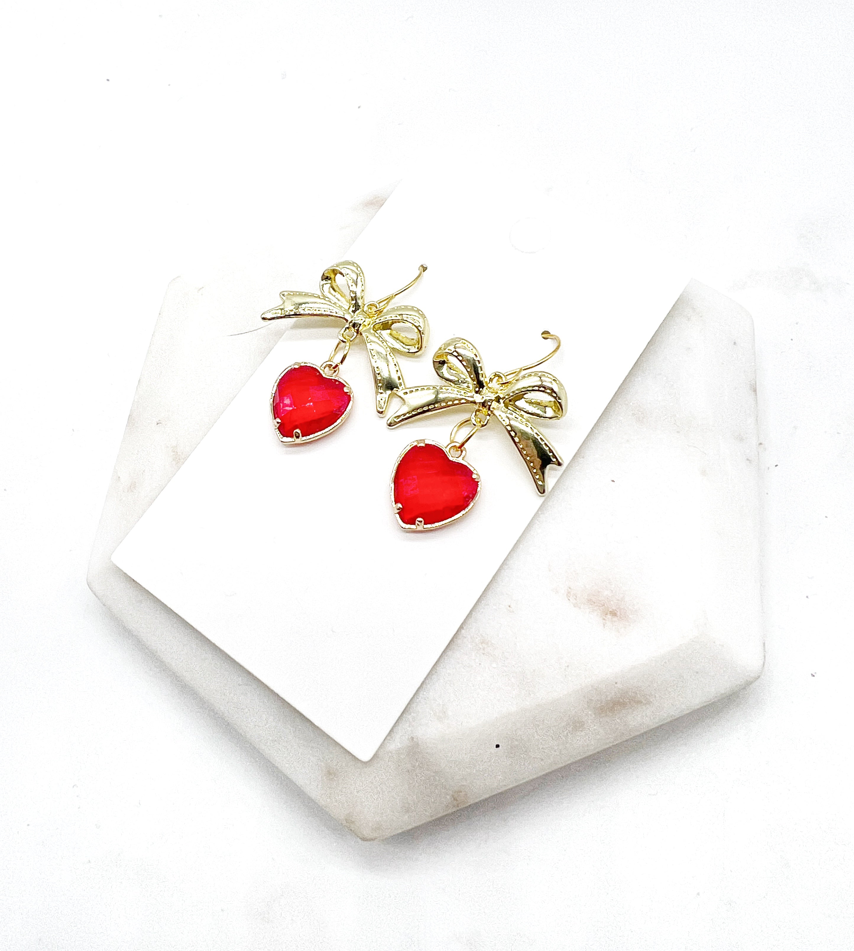 Red Gold Crystal Bow Heart Earrings