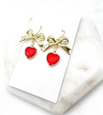 Red Gold Crystal Bow Heart Earrings