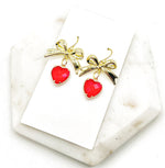 Red Gold Crystal Bow Heart Earrings