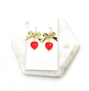 Red Gold Crystal Bow Heart Earrings