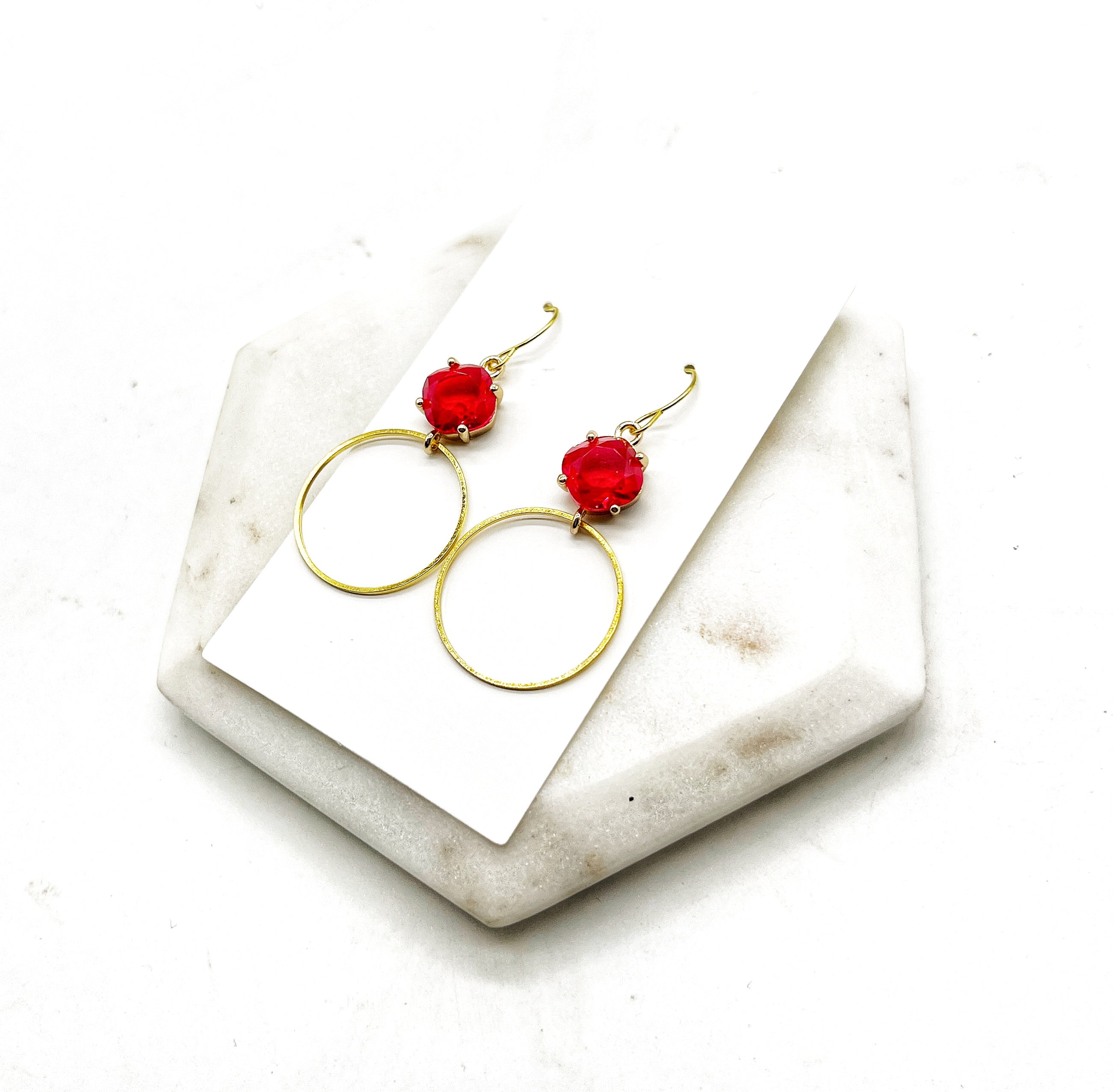 Red Ruby Gem Hoop Earrings