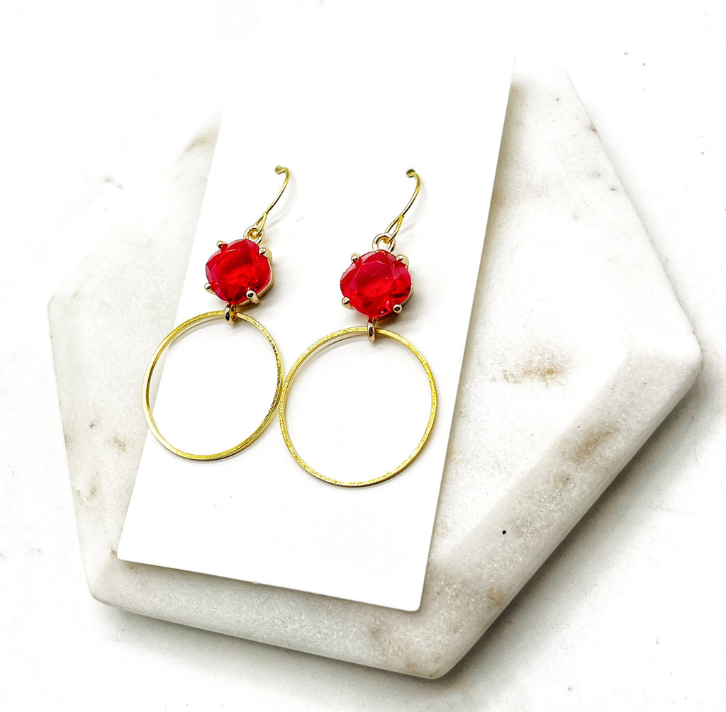 Red Ruby Gem Hoop Earrings