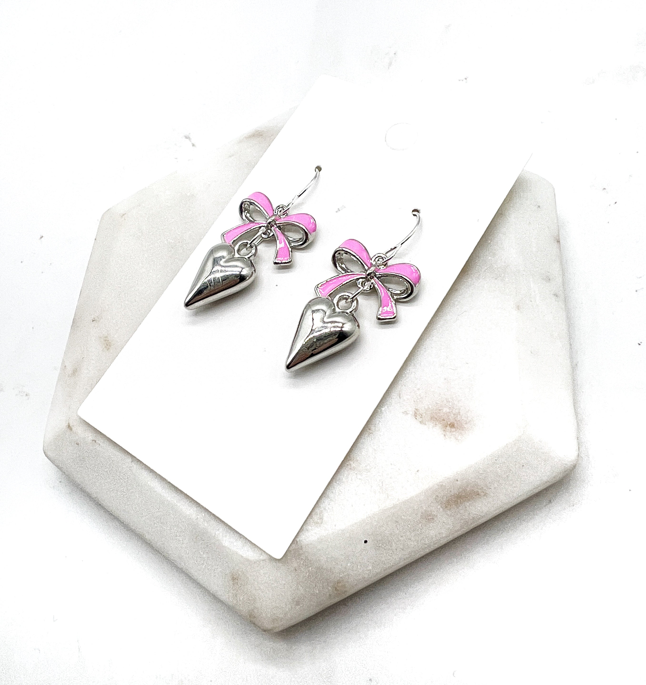 Pink Silver Bow Heart Earrings