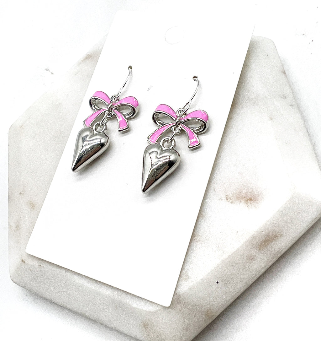 Pink Silver Bow Heart Earrings