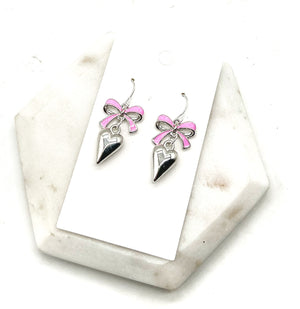 Pink Silver Bow Heart Earrings