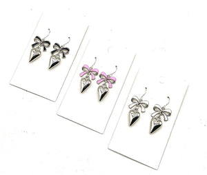 Pink Silver Bow Heart Earrings