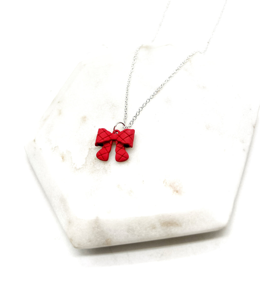 Red Quilted Bow Necklace