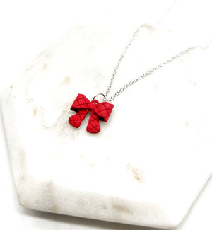 Red Quilted Bow Necklace