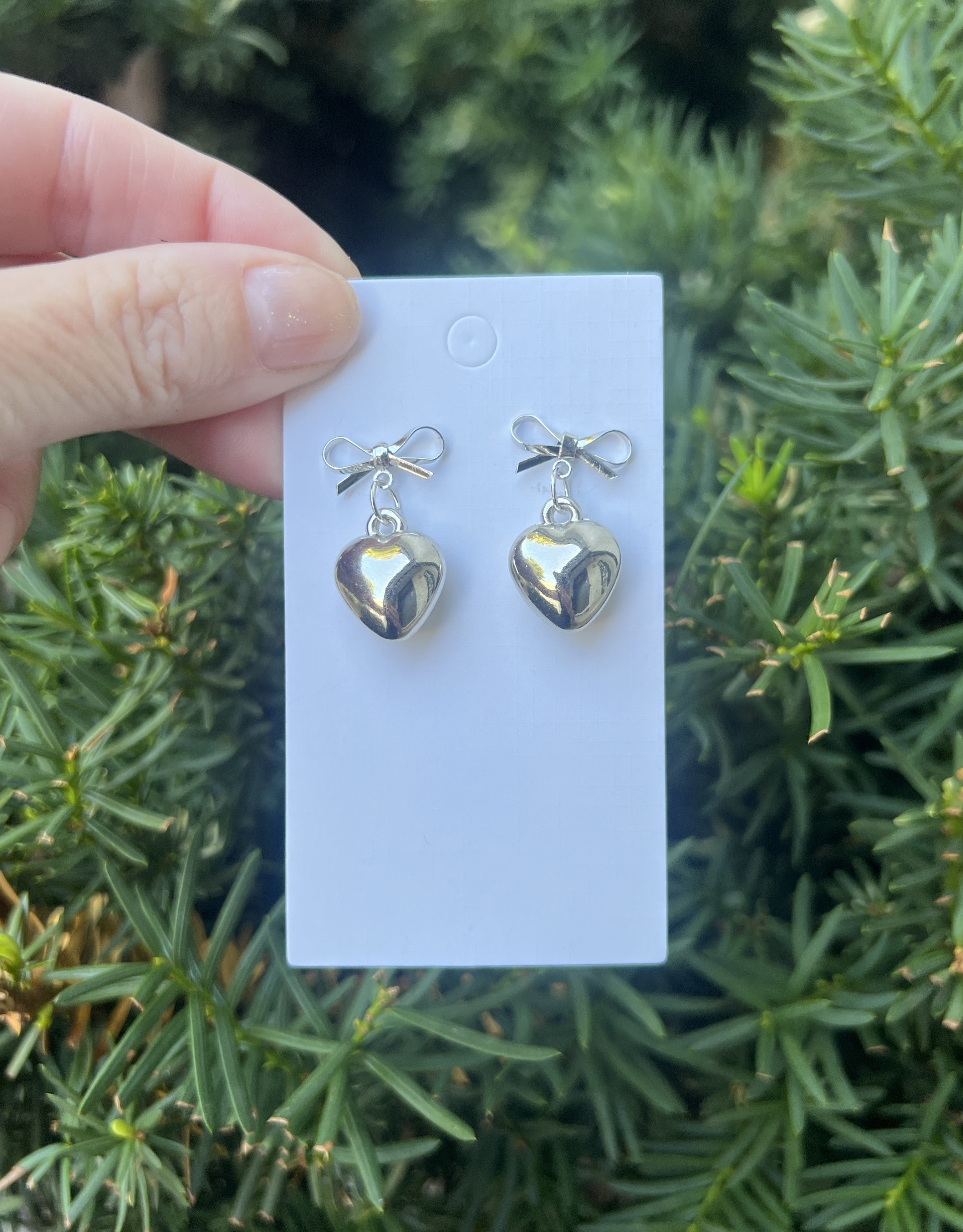 Silver Puffy Heart Bow Metal Earrings