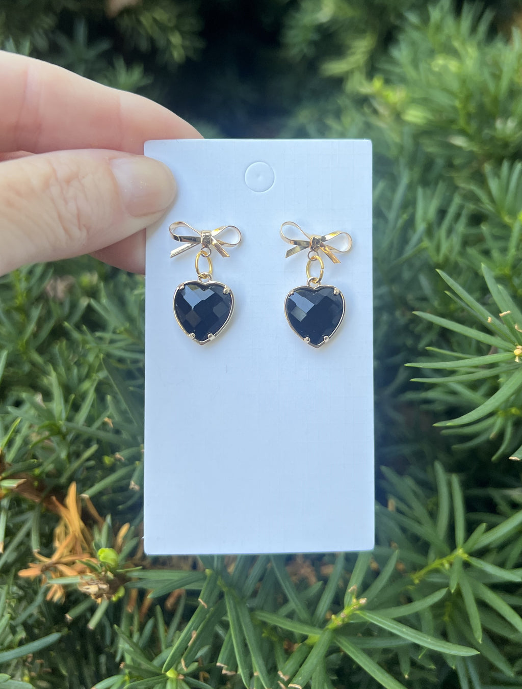 Black Gold Crystal Bow Heart Earrings