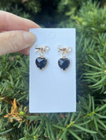 Black Gold Crystal Bow Heart Earrings