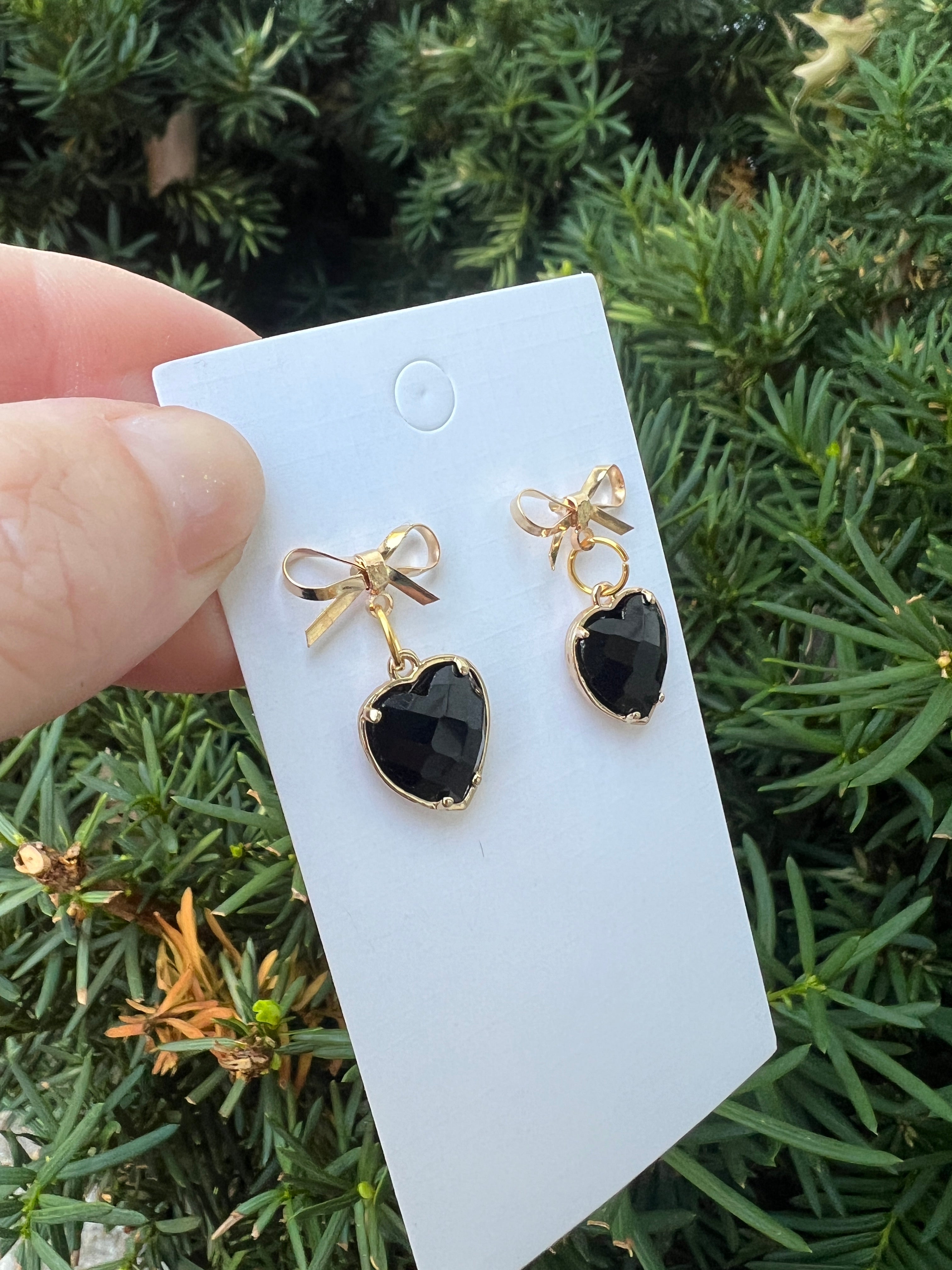 Black Gold Crystal Bow Heart Earrings